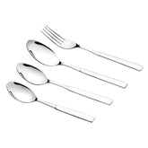 Set of four shiny, modern cutlery pieces: two spoons, fork, and teaspoon on a white background.
